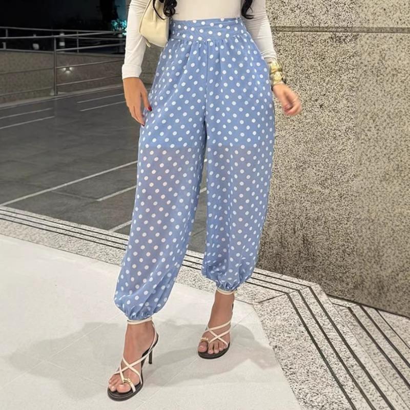 

Летние женские синие штаны-афгани в горошек с высокой талией и эластичными манжетами S синий