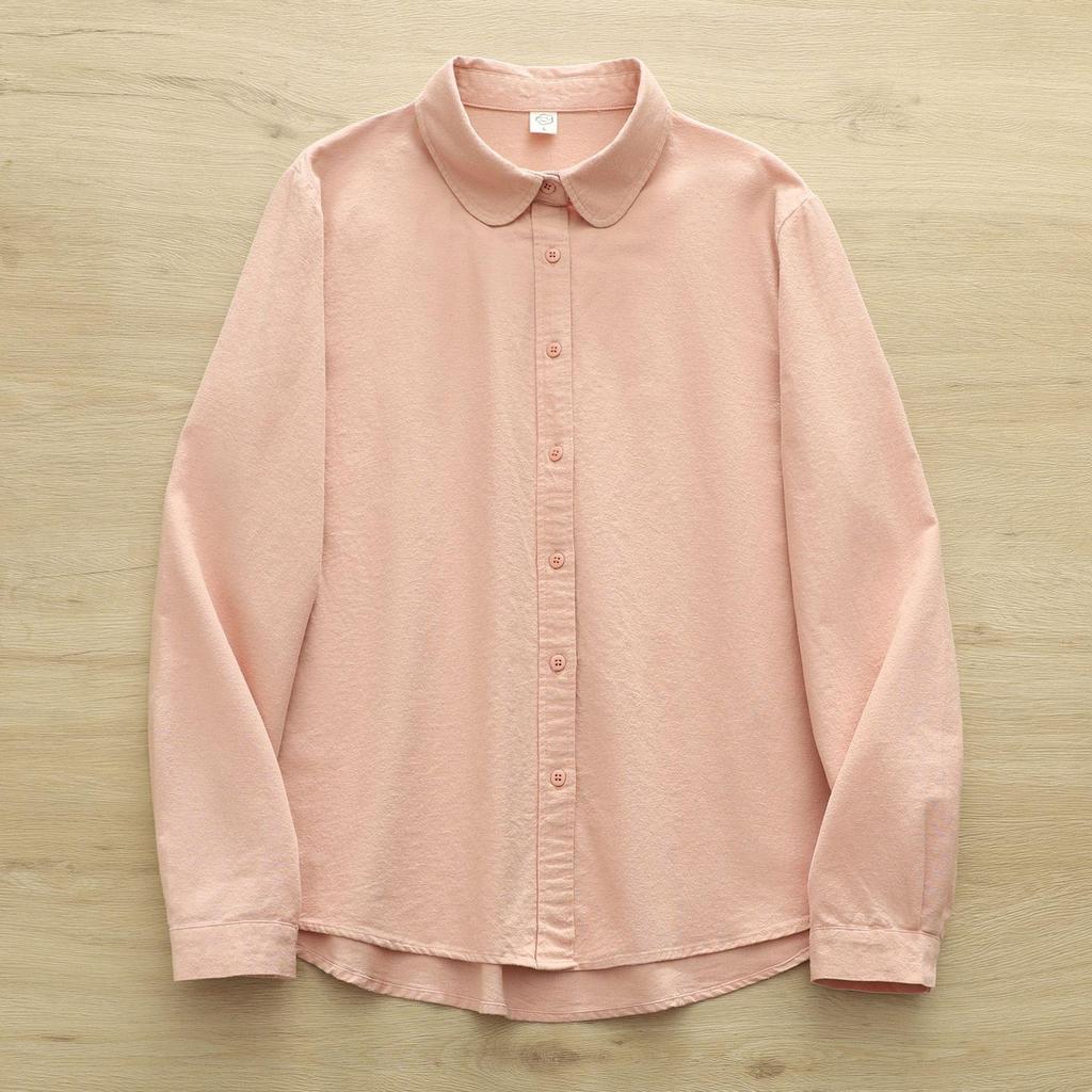 Women's Casual Round Neck Long Sleeve Brushed Cotton Shirt for Winter and Autumn
