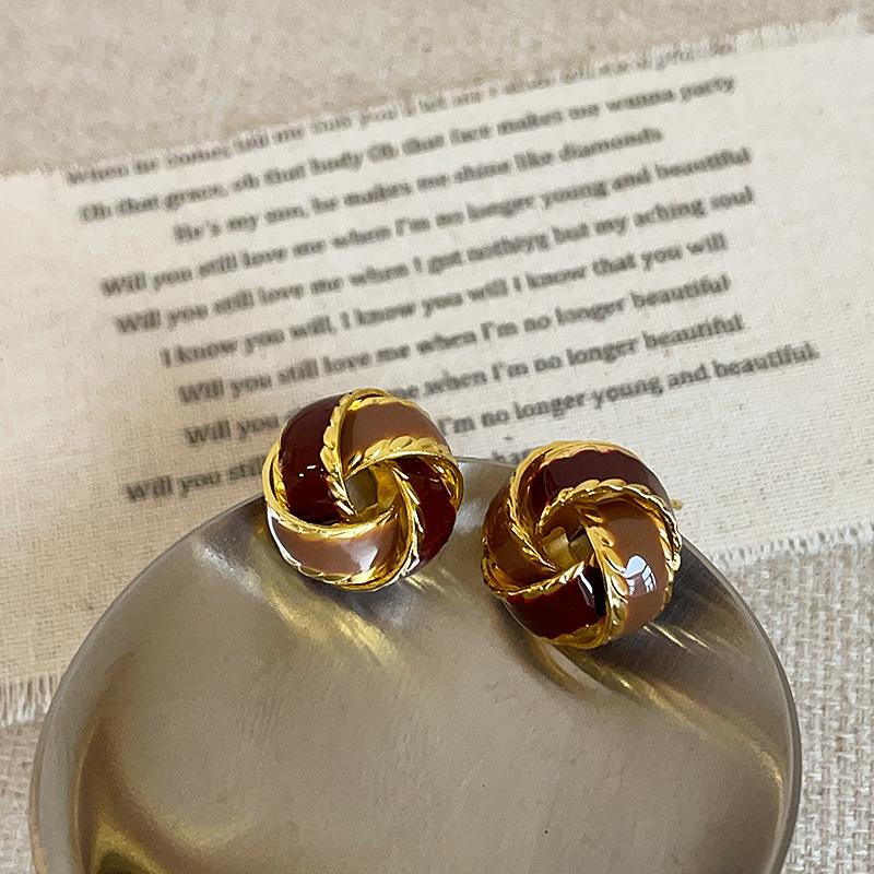 Maillard Atmosphere Contrasting Color Dripping Oil Concentric Knot Earrings Women'S Niche High-End Sense Unique Exquisite Earrings