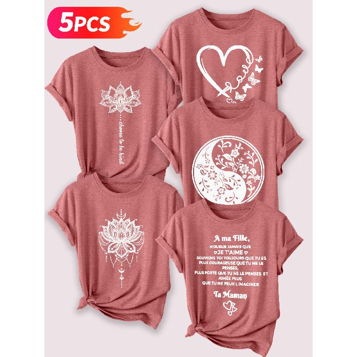Lele Orientation Five-piece set for beautiful women T Shirt Mandala Lotus Yin-Yang Floral Heart Butterfly French Message Vintage Print Summer Casual