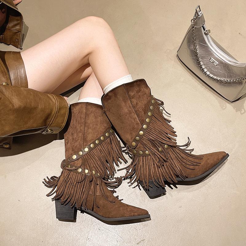 Pointed High Heels Western Denim Rivets Fringed Short Boots Women's 2025 Autumn and Winter New Fashion Wedge Heel Martin Boots