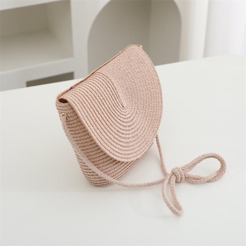 Summer Solid Color Straw Bag Shoulder Messenger Round Bag Children Versatile Outing Beach Bag Light Board DIY Round Weaving