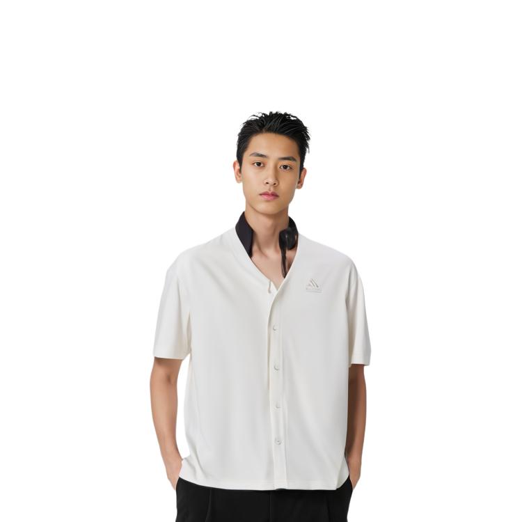 adidas Lounge Piqué Terry Baseballshirt Einfarbig V-Ausschnitt Einreihig Kurzarm Herrenhemden Weiß IN1734