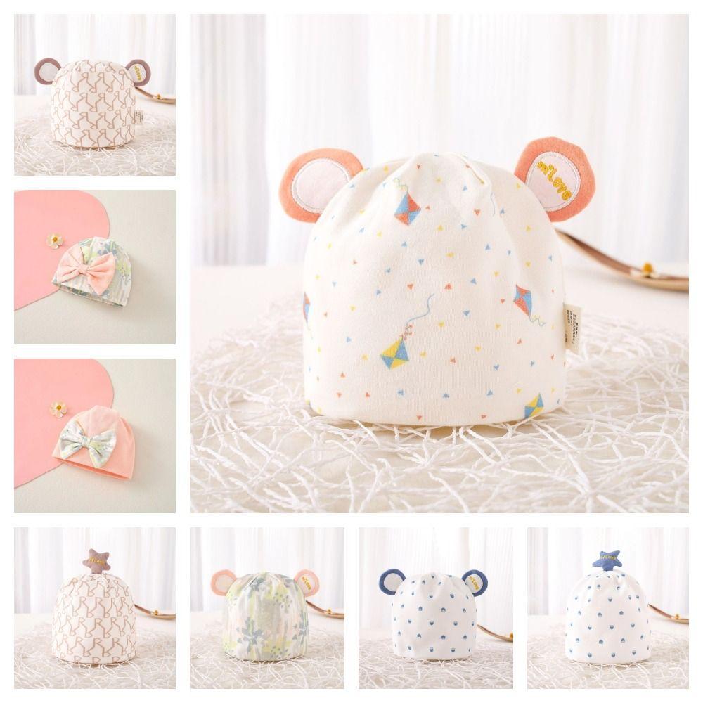 Print Boneless Muslin Hats Cartoon Bear Newborn Hats Windproof Baby Fetal Cap  Hospital