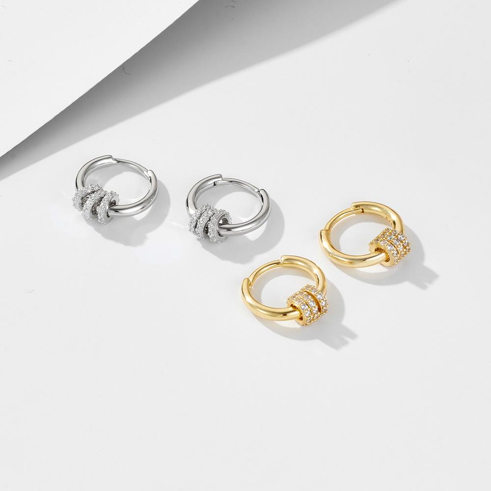 Mini Bead Zircon Ear Buckle Earrings S925 Sterling Silver 14K Gold Plated Three Circle Charms Zirconia Tiny Hoop Earrings Women