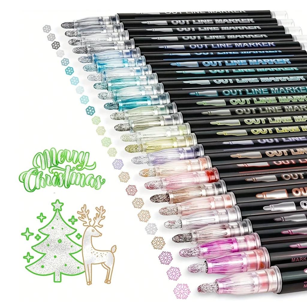 Double Line Outline Permanent Marker, 12/24Colors Wave Glitter Marker Set, Self-Contour Metallic Marker Pens for Art