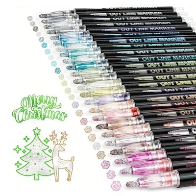 Double Line Outline Permanent Marker, 12/24Colors Wave Glitter Marker Set, Self-Contour Metallic Marker Pens for Art