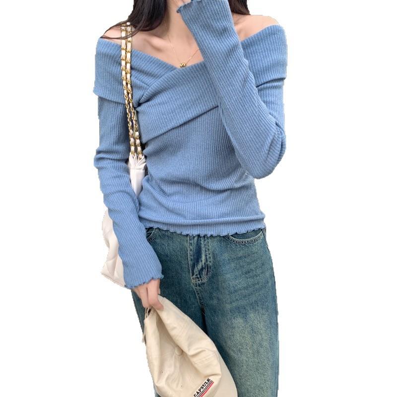 One-word shoulder long-sleeved knitted sweater autumn design feeling lazy wind pure desire inner cardigan pure desire