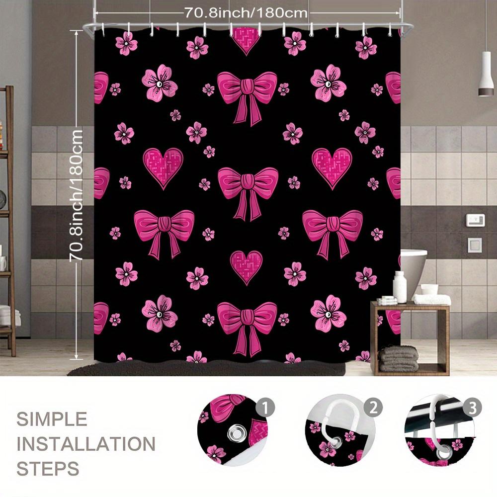 Pink Bow Heart Shower Curtain  Black Background Waterproof Polyester Bath Curtain with Hooks for Valentine's Day Bathroom Decor