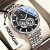 POEDAGAR Fashion Business Men Automatic Mechanical Watch Waterproof Luminous Hollow Tourbillon Male Clock Steel Strap Men's Watches