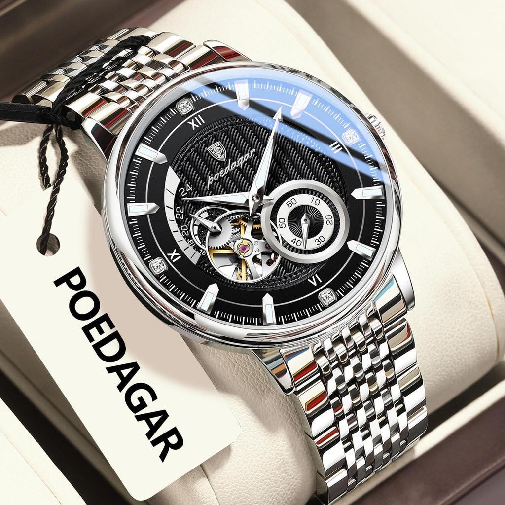 POEDAGAR Fashion Business Men Automatic Mechanical Watch Waterproof Luminous Hollow Tourbillon Male Clock Steel Strap Men's Watches
