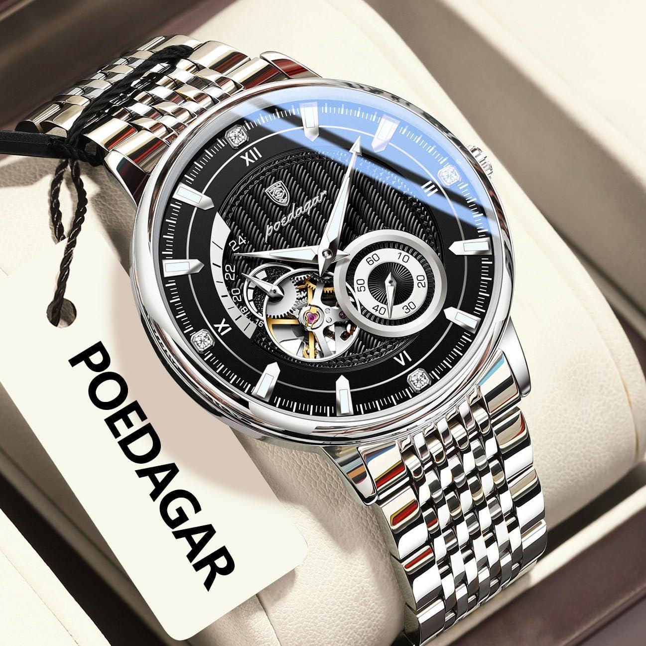 

POEDAGAR Luxury Man Automatic Wristwatch Waterproof Luminous Skeleton Hollow Design Stainless Steel Men s Mechanical Watches Independent Seconds Dial срібний/чорний