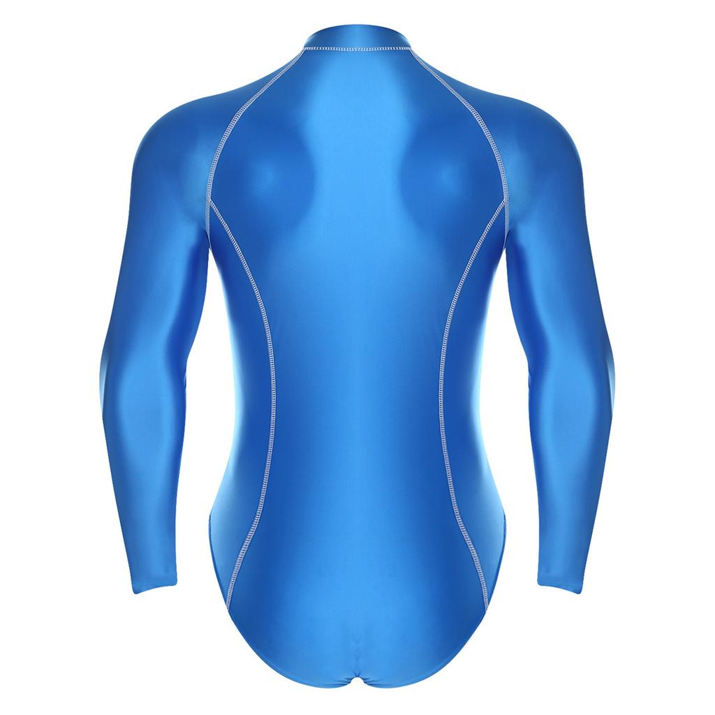 #M-4XL Mens Glossy Bodysuit Mock Neck Long Sleeve Front Zipper Leotard Jumpsuit Rash Guard for Beach Surfing Swimming Workout