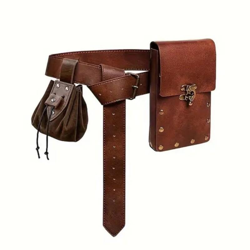 Medieval Leather Waistband Belt with Cord and Pouch