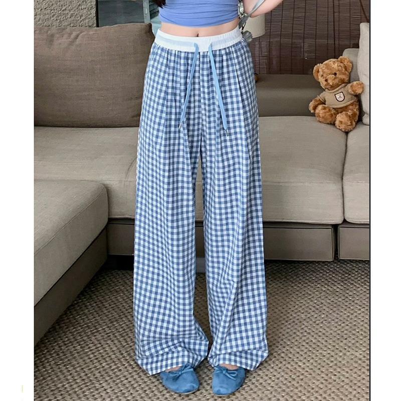 Women's Summer Thin Design Lazy Pants Loose Casual Straight-down Floor Pants Pink Plaid Wide-leg Pants
