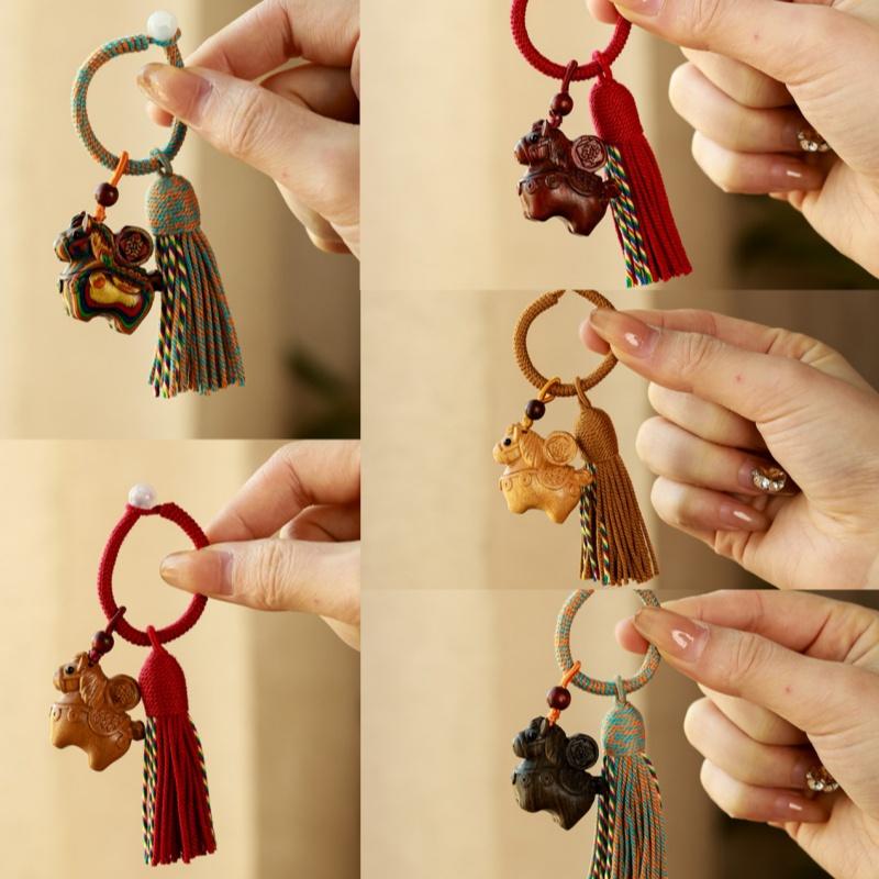 Creative Wooden Mascot Pony Tassel Keychain Zodiac Horse Pendant Backpack Hanging Decoration New Year Souvenir Gift