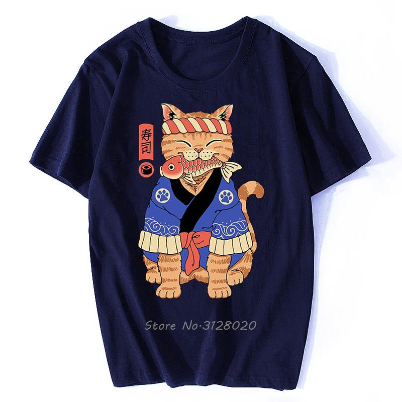 Anime Samurai Cat T Shirt Men Japanese Ukiyo-E Ninja Cat Print T-Shirt Mens Casual Tshirt Male Fashion Streetwear Harajuku Tees