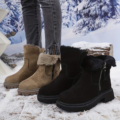 Einfarbige Schneestiefel für Damen, lässige Winterstiefel mit Wollfutter, elegantes Reißverschlussdesign, mittlerer Absatz, normale Zehenpartie, Futter aus Kunstwolle, Stiefel mit dicker Sohle