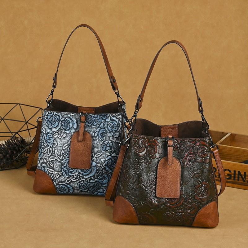 Johnature Retro Embossed Bucket Bag Large Capacity Handmade Women's Bag Versatile Shoulder Crossbody Bags