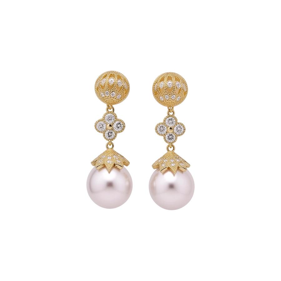 18k Gold-Plated Silver Needle Zircon Flower Pearl Stud Earrings - Vintage Elegant Light Luxury Ear Ornaments