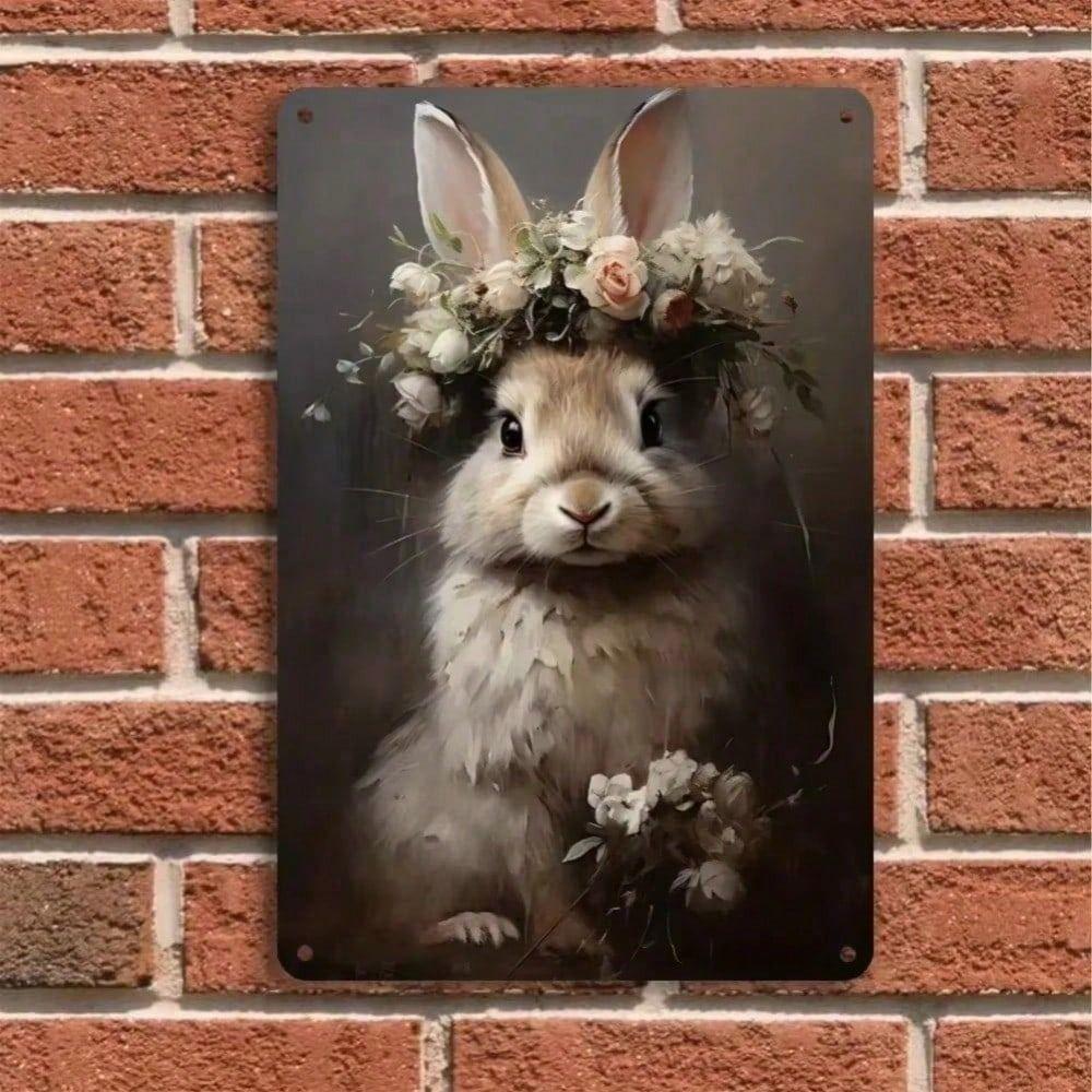 Vintage Easter Bunny Metal Wall Sign, Rabbit Flower Poster for Home Bar Decor