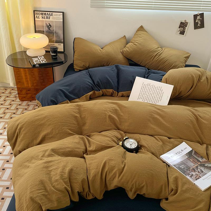 Four-piece Set for Sleeping Naked On Winter Bed, Washed Cotton Sheets, Quilt Cover, Fitted Sheet, Three-piece Set for College Dormitory