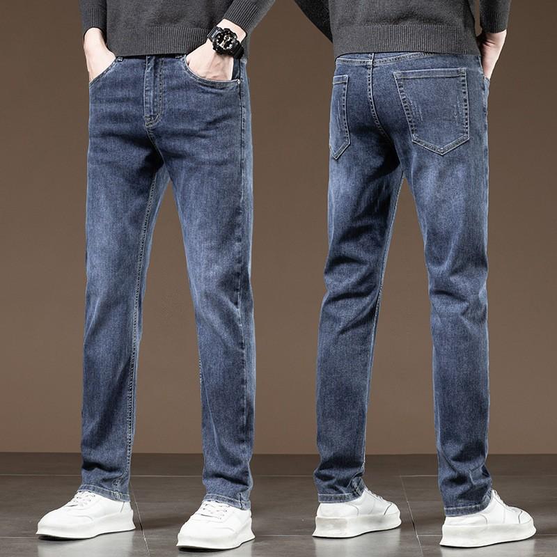 Slim Fit Straight Leg Jeans Men's Summer Thin Denim Casual Long Trousers Trendy Youth Fashion Versatile Classic Blue Pants