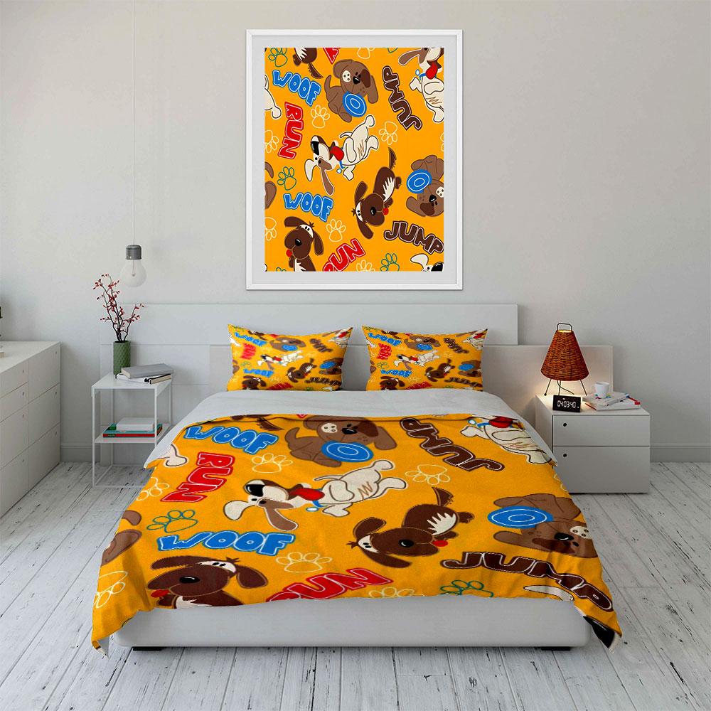 Cartoon Dogs Woof Run Jump Pattern Bedding Duvet Cover Set (1*Duvet Cover 2*Pillowcases, without duvet insert)