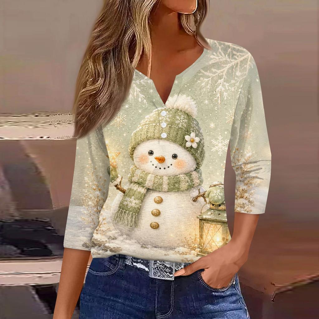 Women's Fashion Casual Christmas Print V-Neck Button Three-Quarter Sleeve T-Shirt Top