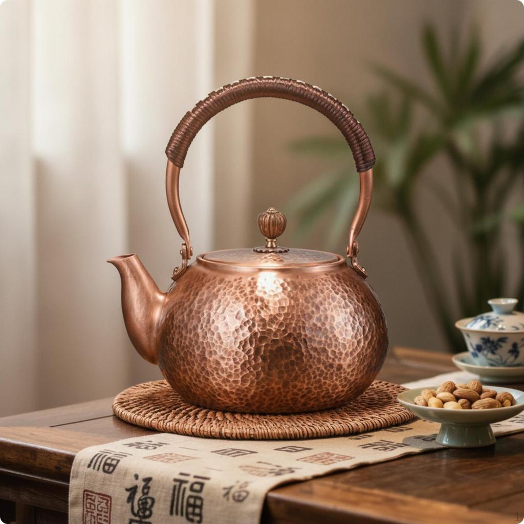 Tea Kettle with Lid Copper Hammered Teapot for Collectors, Kitchen, Camping 0.6L