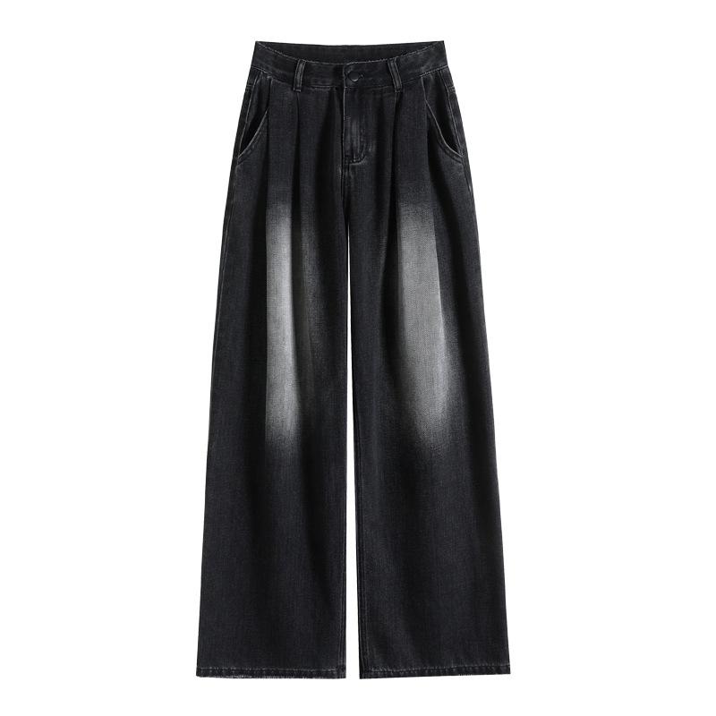 Black Grinding White Wide-leg Jeans for Women with High Waist New Slim Design Loose Drape Straight-leg Floor Pants