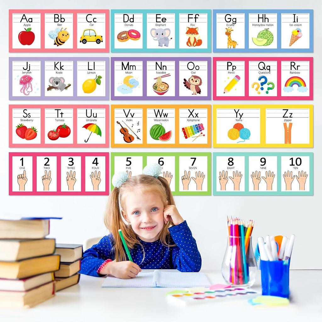COCHIE Boho Alphabet for Classroom Wall Decorations Kindergarten Preschool, Alphabet Number Line Posters Bulletin Board Set of 12, Back to School ABC