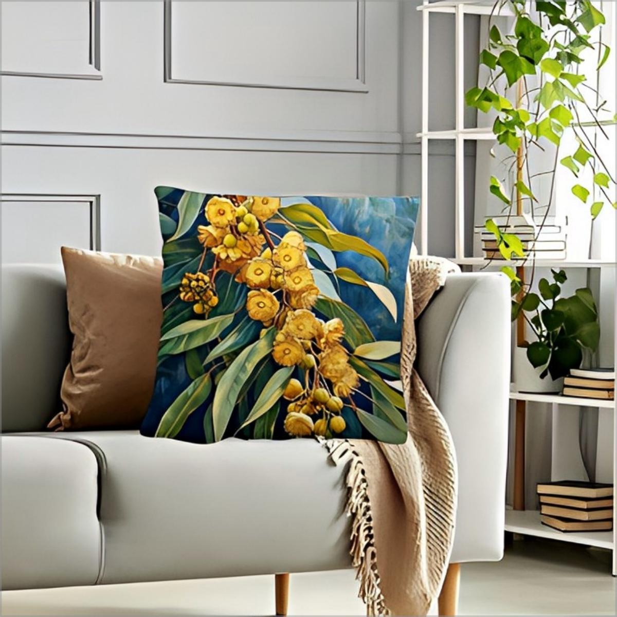 Australian Native Golden Wattle Eucalyptus Floral Throw Pillow Cover Boho Botanical Watercolor Flower Decorative Home Decor Peach skin 18*18(CM)-1Pcs