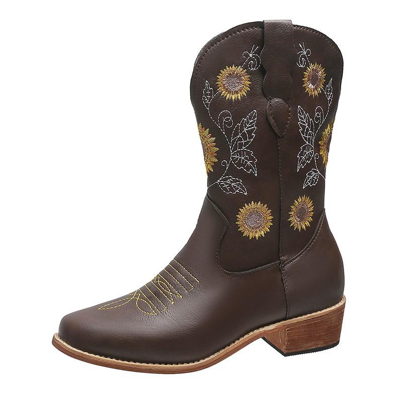 

Осень и Зима Обувь Женская Большого Размера Европейский и Американский Стиль Ботинки Женские до Середины Икры Толстый Каблук Рукав Вышитые Женские Ботинки 38