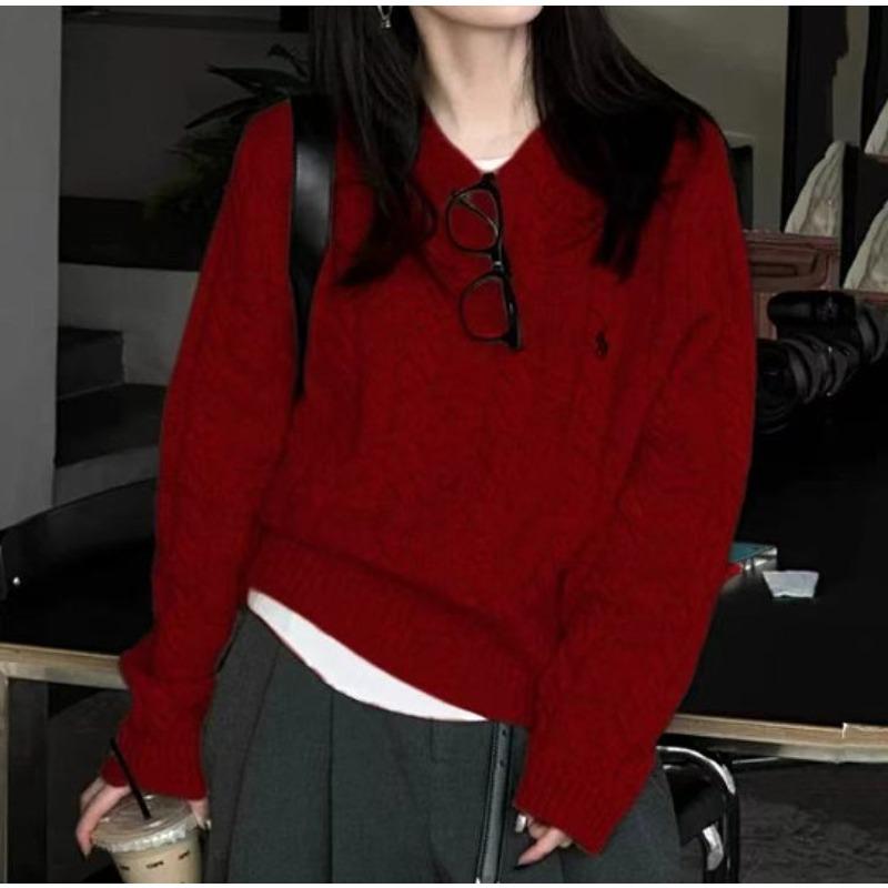 

Gray embroidered pony twist women s knitted sweater autumn and winter new inner soft waxy bottoming top crew neck pullover sweater One size fits all червоний