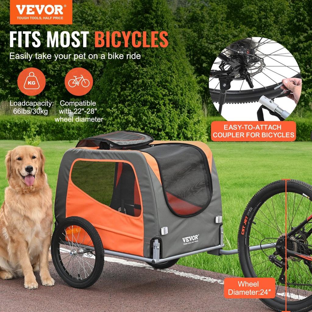 Carrellino per Cani da Bicicletta, Supporta fino a 30 kg, Carrellino per Animali Domestici Portabici, Telaio Pieghevole Facile con Ruote a Sgancio Rapido, Gancio Universale per Bicicletta,