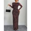 Women's Elegant Leopard Print Long Sleeve Round Neck Sexy Waist Tight Dress