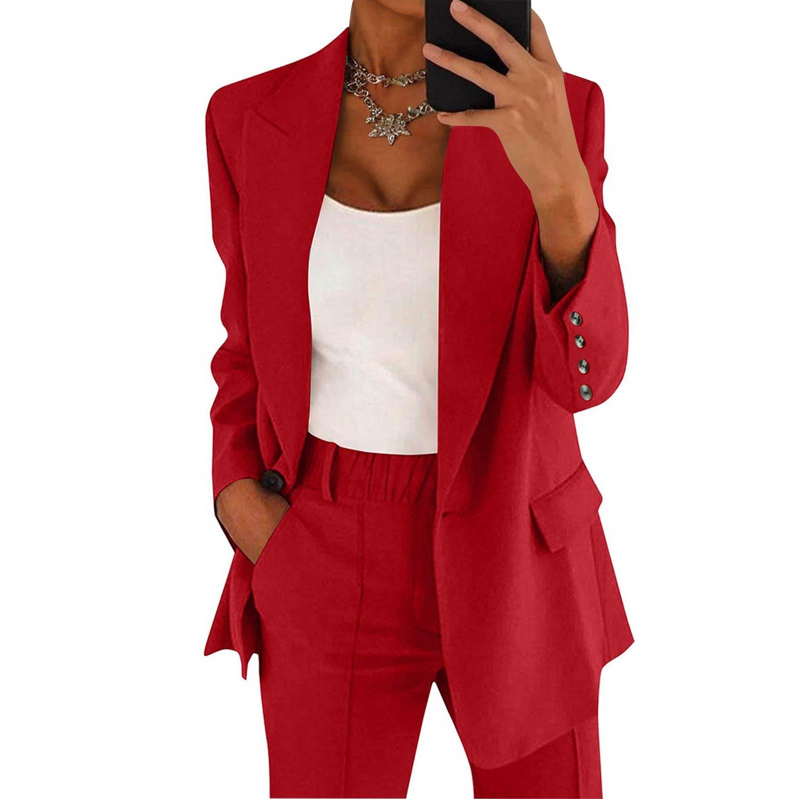 

Женский повседневный однотонный кардиган с длинными рукавами и лацканами, куртка, брюки, костюм XXXL красный