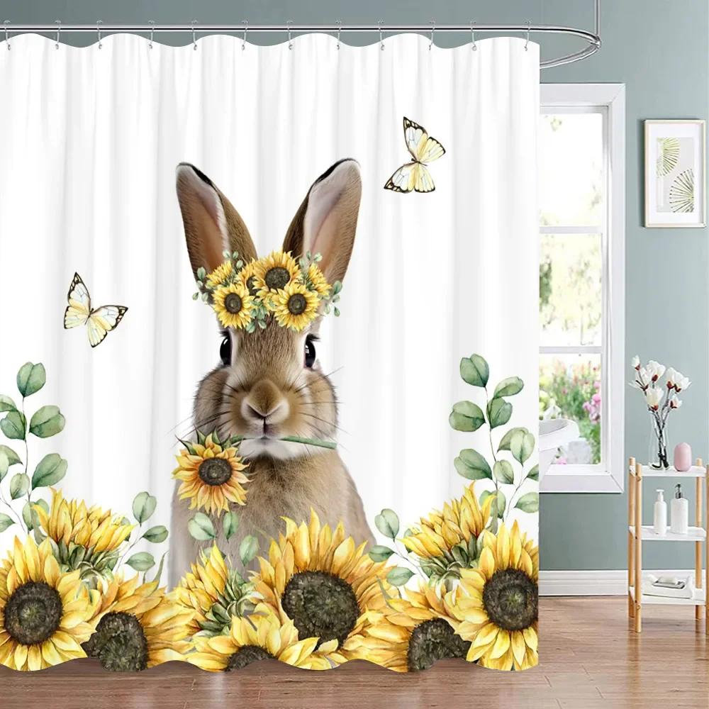 Happy Easter Bunny Shower Curtain Farm Truck Bunny Eggs Butterfly Elf Washable Polyester Fabric Hanging Curtains Bathroom Decor