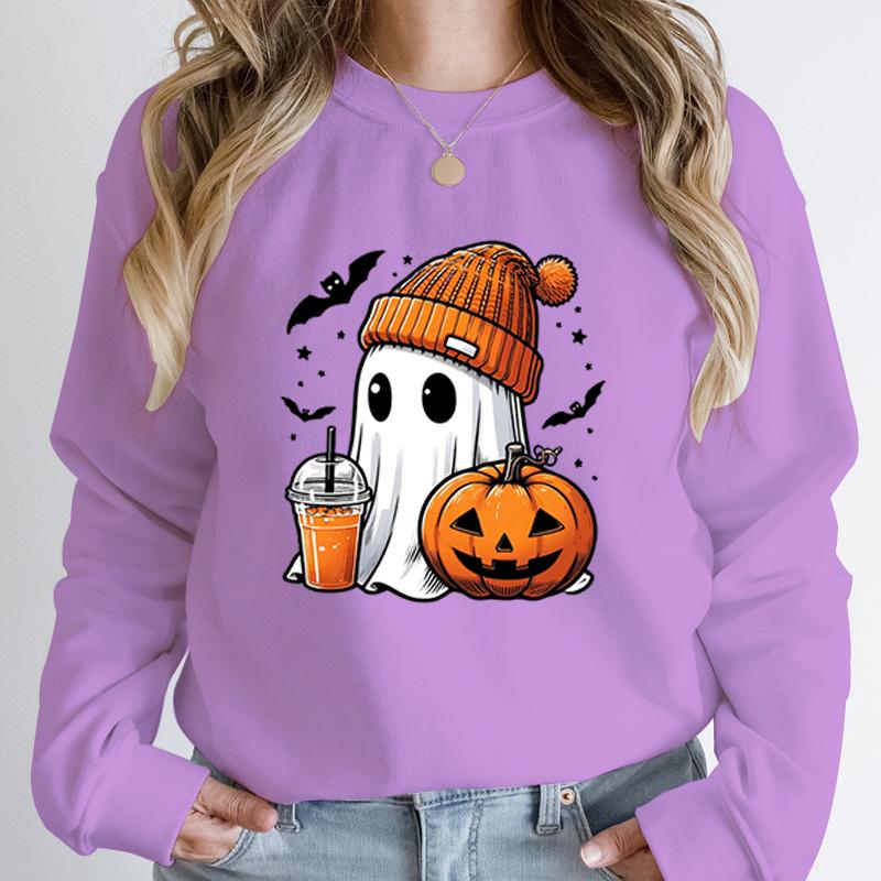 Women Fashion Creative Halloween Ghost Pumpkin Bat Print Pullovers Ladies Long Sleeves Halloween Hoodeless Sweatshirts