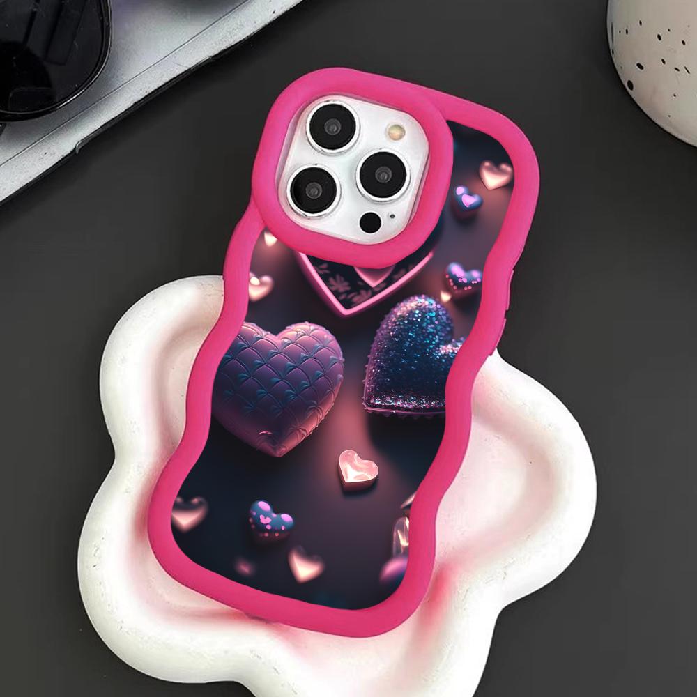 Y2K Glowing Hearts Wavy Edge TPU Mobile Phone Case for iPhone 17 16 15 14 13 12 11 Air Pro Max Plus Colorful Cover