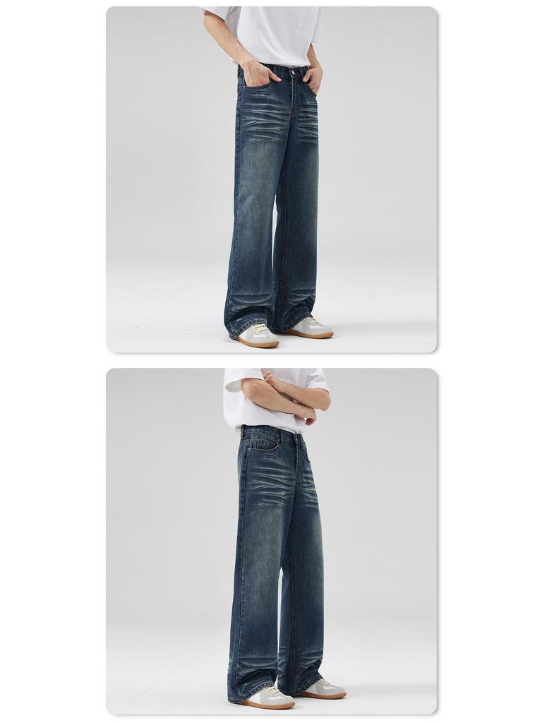LKTM Unisex American Retro Dark Blue Micro-Flare Jeans, Whiskered Washed Long Pants