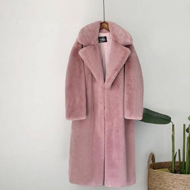 Ropa de Invierno Mujer Largo Grueso Cálido Suave Colorido Esponjoso Talla Grande Abrigo de Piel Sintética de Conejo Rex Mujer Solapa