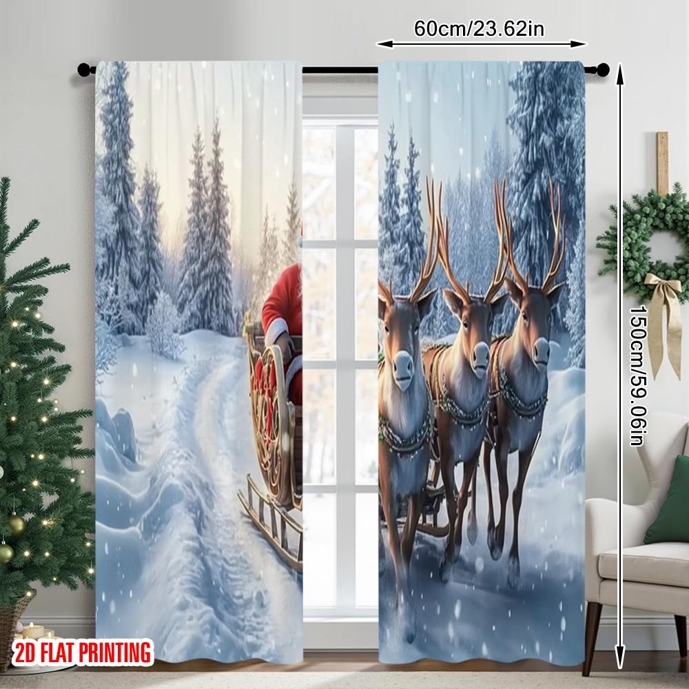 2pcs 2D flat printing Christmas Curtains Santa Claus_ sleigh and reindeer Digital Printed Polyester Drapes Festive Curtains for