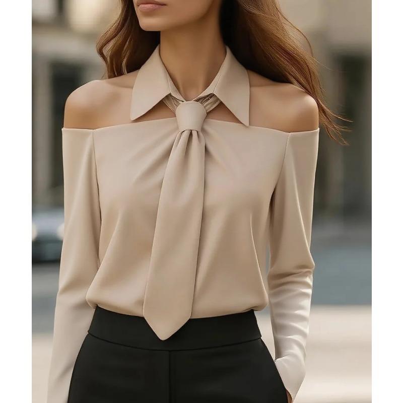 TIFICY Women's Fashion Casual Spring Autumn Solid Color Print Long Sleeve POLO Neck Blouses & Shirts