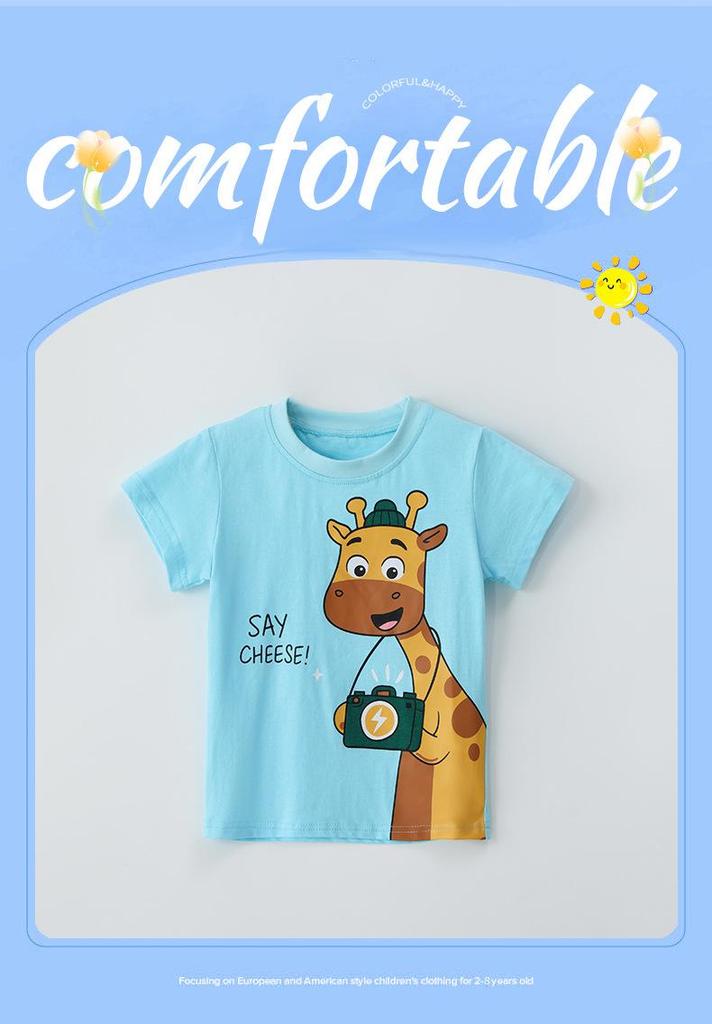 European & American Style Children's Giraffe Cartoon Print T-Shirt - Fashionable Boys' Short-Sleeve Round Neck Top