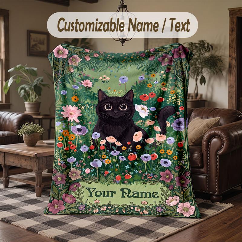 Floral Garden Butterflies Theme Throw Blanket Custom Name Text Personalized Blanket Soft Cozy Blanket for Home Sofa Bed