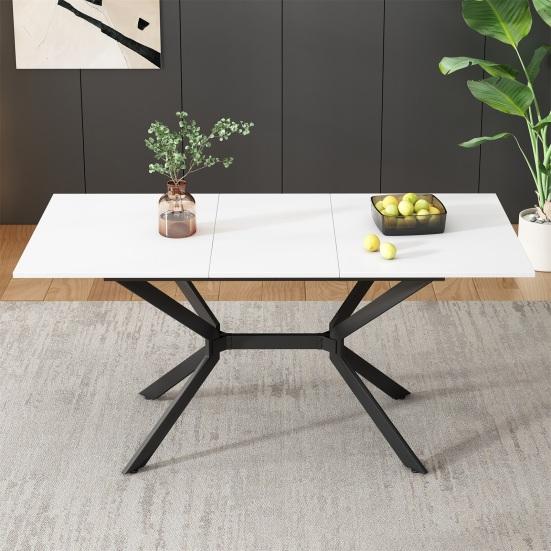 White Extendable Dining Table 120/160x80cm, Black Metal Table Legs, White Rectangular Dining Table, Suitable for 4 To 6 People
