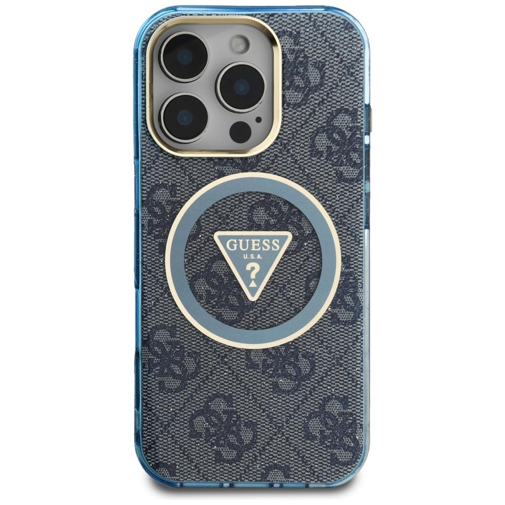Guess IML Metal Glitter 4G Circle Triangle MagSafe Case for iPhone 16 Pro Max blue