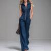Damen ärmelloser Denim-Jumpsuit Hohe Taille Weiter Bein Cargohose Reißverschluss vorne 2026 Lässige Arbeits-Overalls Tasche Jean Jumpsuit